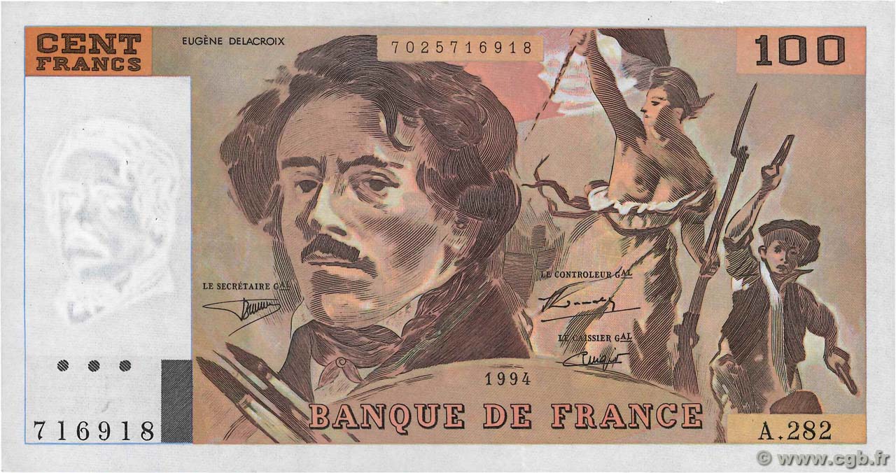 100 Francs DELACROIX 442-1 & 442-2 FRANCE  1994 F.69ter.01c XF-