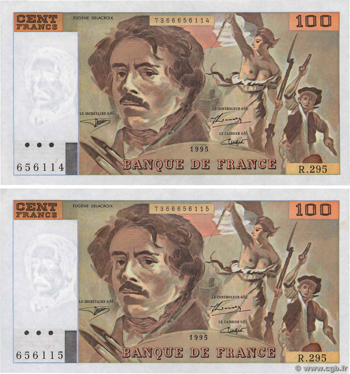 100 Francs DELACROIX 442-1 & 442-2 Consécutifs FRANCE  1995 F.69ter.02c UNC-
