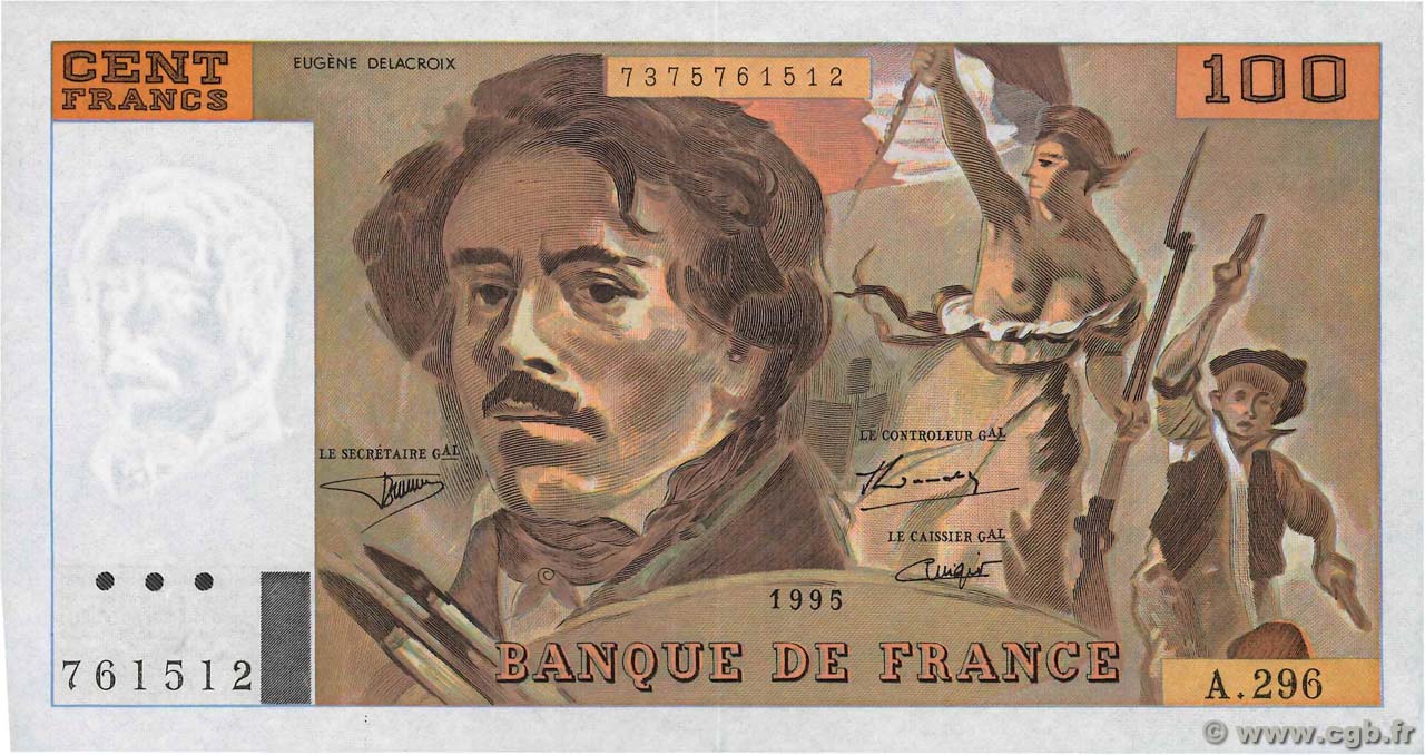 100 Francs DELACROIX 442-1 & 442-2 FRANCE  1995 F.69ter.02c XF+