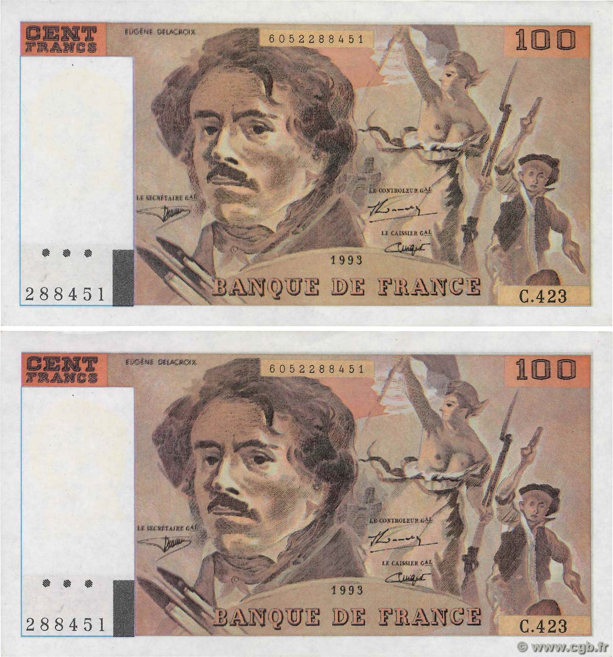 100 Francs DELACROIX 442-1 & 442-2 Faux FRANCE  1994 F.69ter.01cx AU