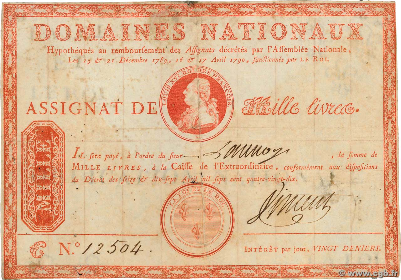 1000 Livres sans coupons FRANCE  1790 Ass.03b F