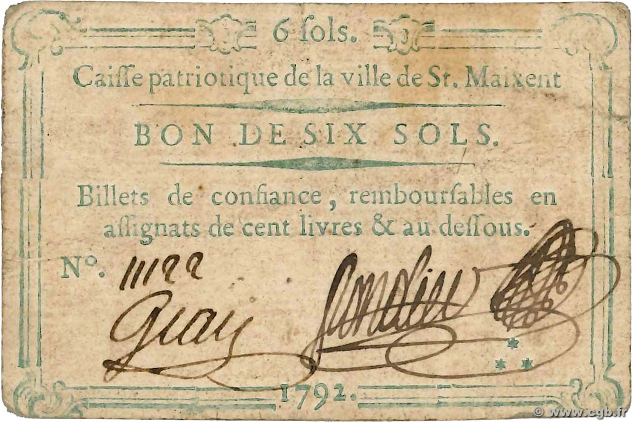 6 Sols FRANCE Regionalismus und verschiedenen Saint-Maixent 1792 Kc.79.068 S