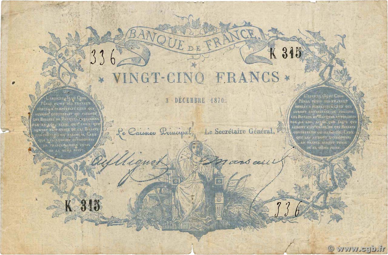 25 Francs type 1870 - Clermont-Ferrand Faux FRANCIA  1870 F.A44.01 q.MB