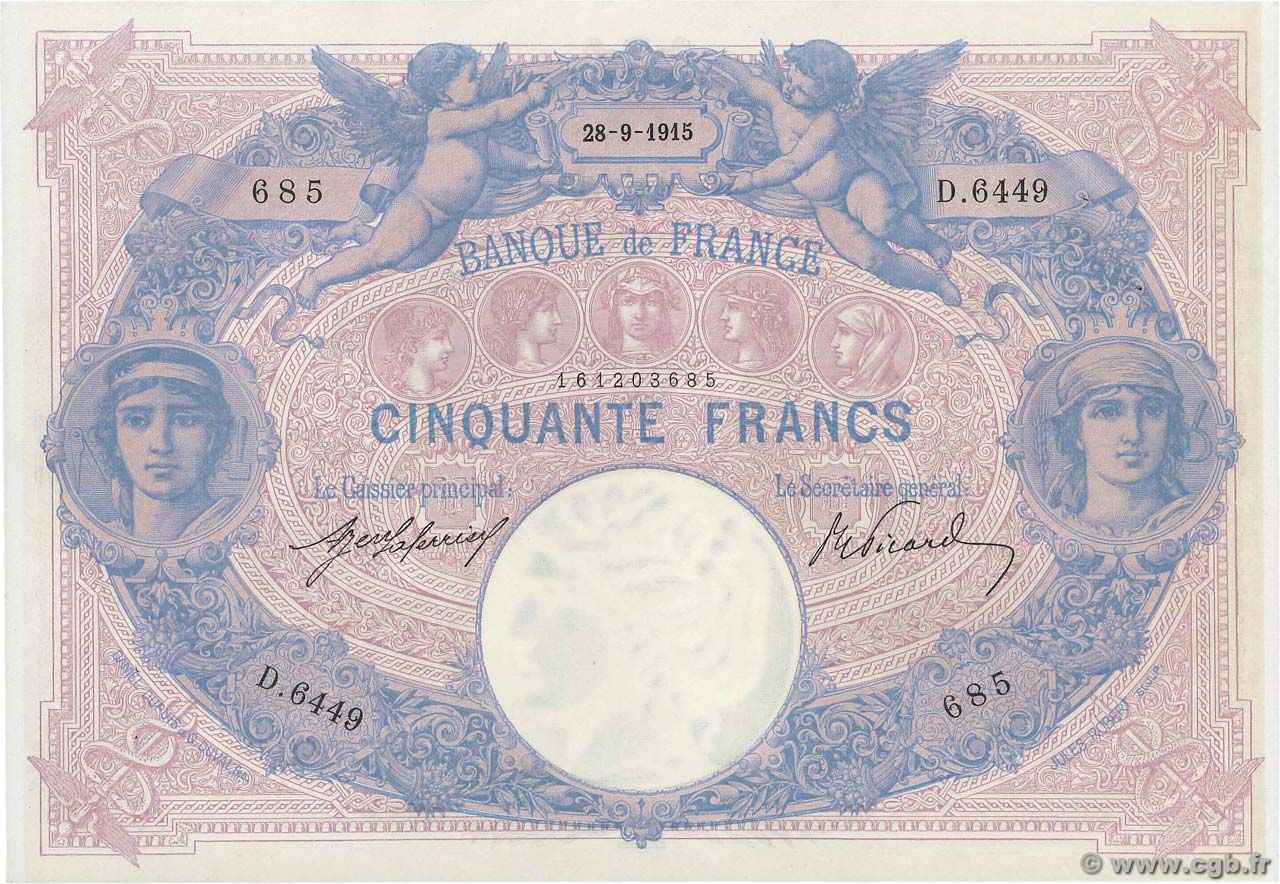 50 Francs BLEU ET ROSE FRANCIA  1915 F.14.28 EBC+