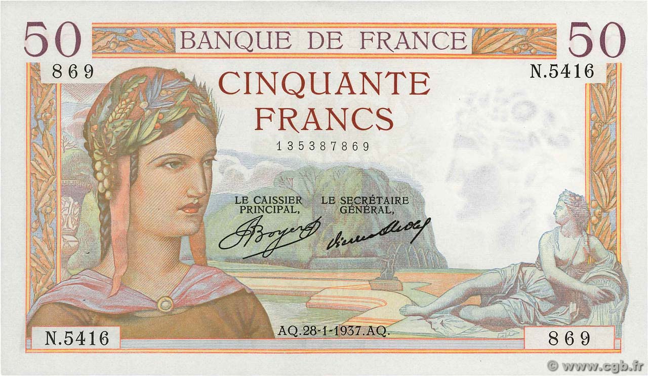 50 Francs CÉRÈS FRANCIA  1937 F.17.33 SPL+