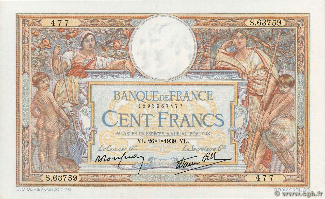 100 Francs LUC OLIVIER MERSON type modifié FRANKREICH  1939 F.25.40 fST