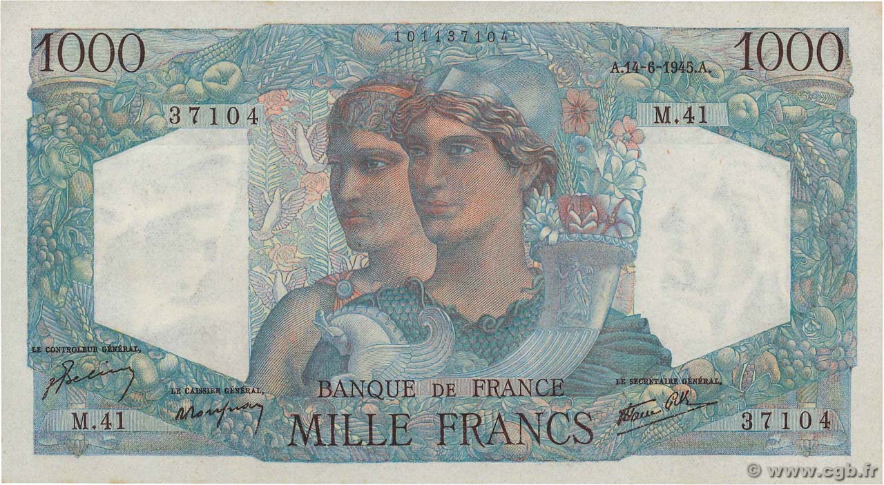 1000 Francs MINERVE ET HERCULE FRANCE  1945 F.41.04 UNC-