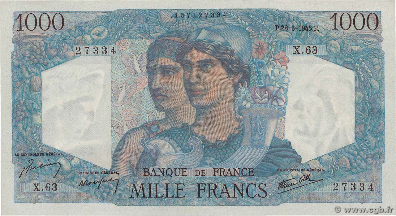 1000 Francs MINERVE ET HERCULE FRANCE  1945 F.41.05 NEUF