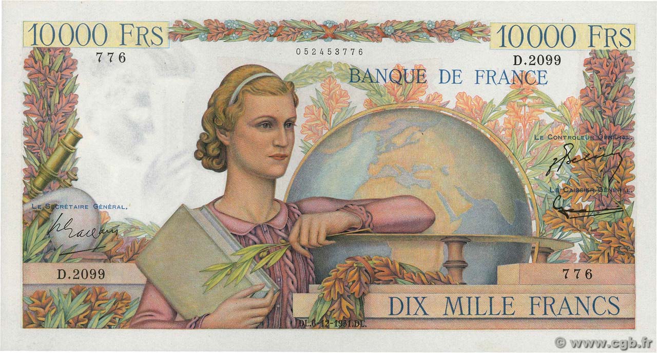 10000 Francs GÉNIE FRANÇAIS FRANKREICH  1951 F.50.55 fST