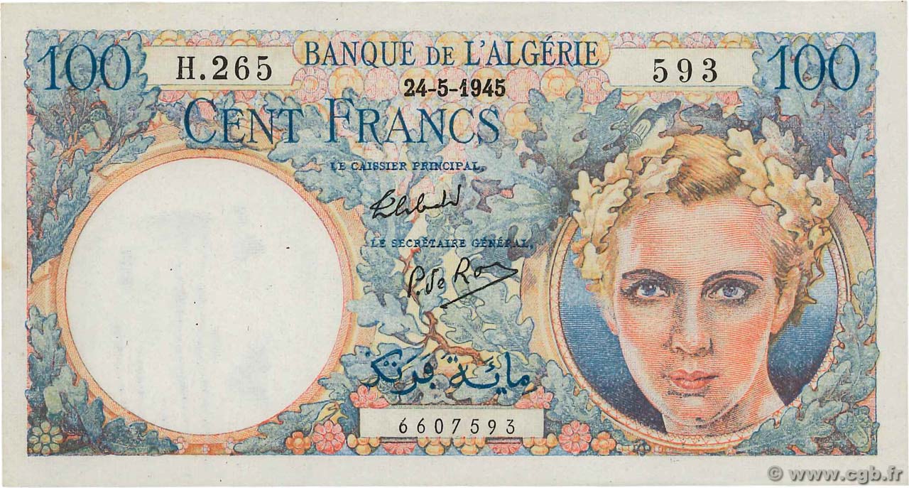 100 Francs Starfel Non émis ALGERIEN  1945 P.115 VZ+