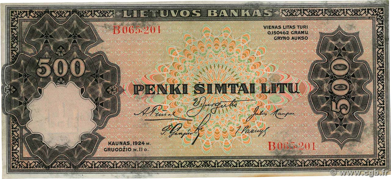 500 Litu LITHUANIA  1924 P.21a XF