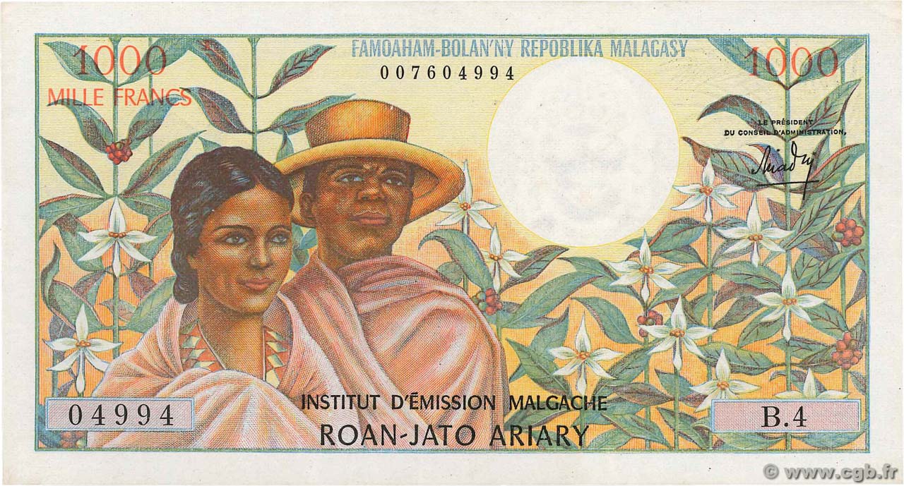 1000 Francs - 200 Ariary MADAGASCAR  1966 P.059a XF