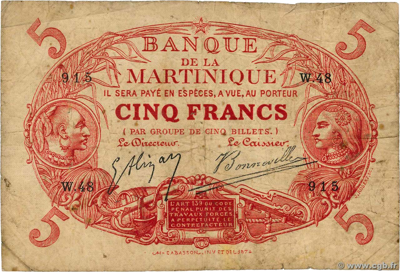 5 Francs Cabasson rouge MARTINIQUE  1903 P.06A B+