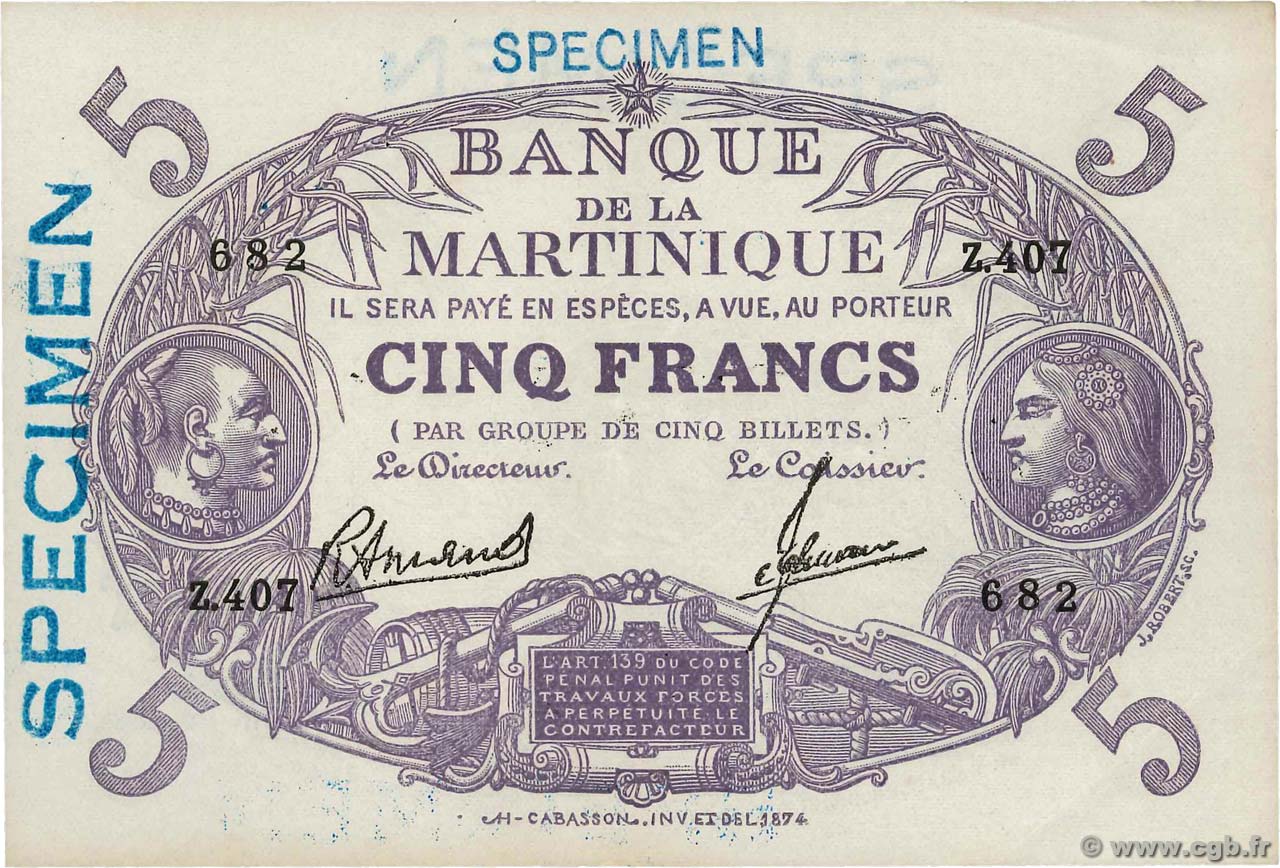 5 Francs Cabasson violet Spécimen MARTINIQUE  1946 P.06s VZ