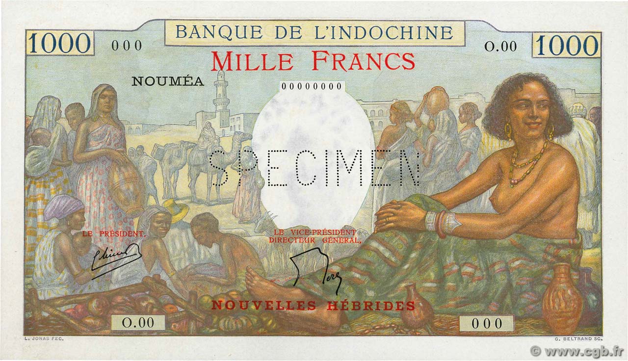 1000 Francs Spécimen NUOVE EBRIDI  1945 P.15s q.FDC