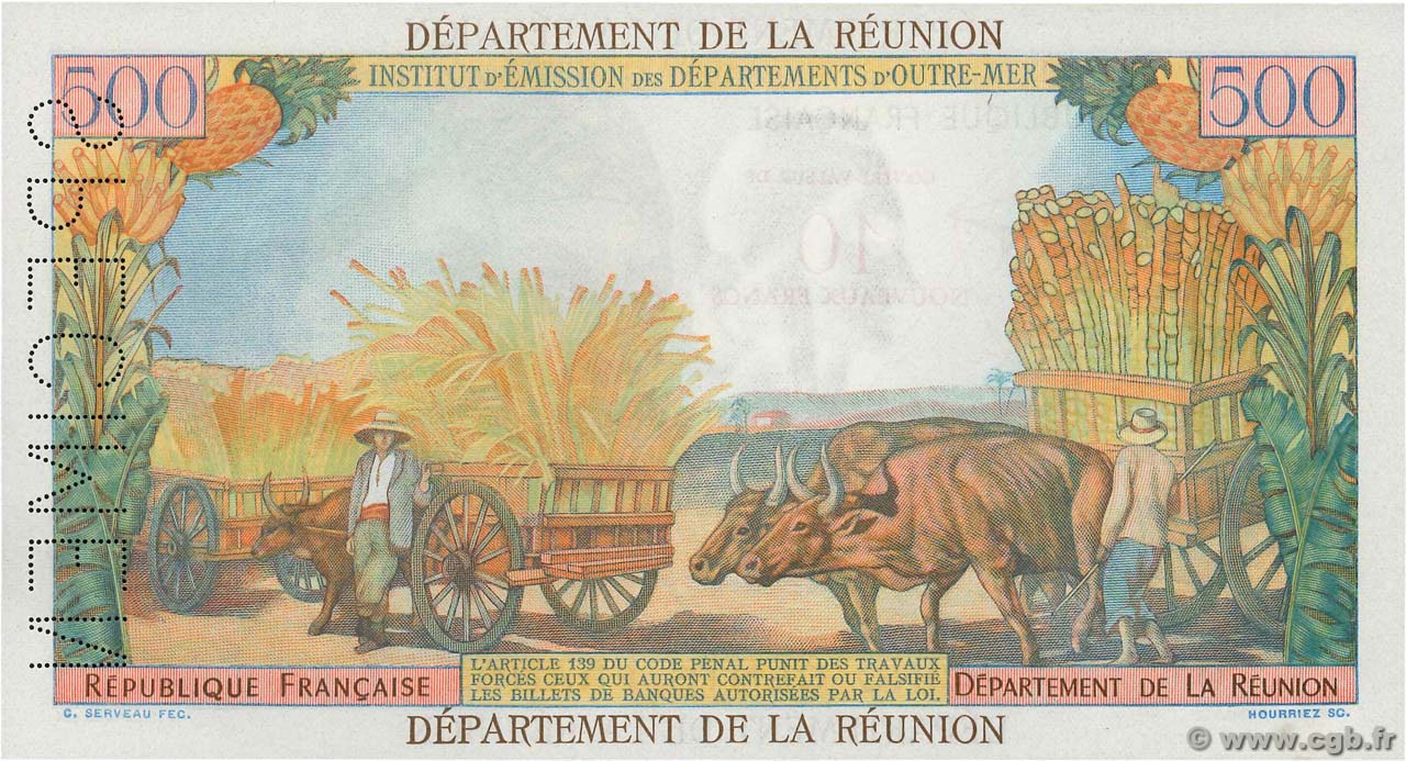 10 NF sur 500 Francs Pointe à Pitre Spécimen ÎLE DE LA RÉUNION 1967 P