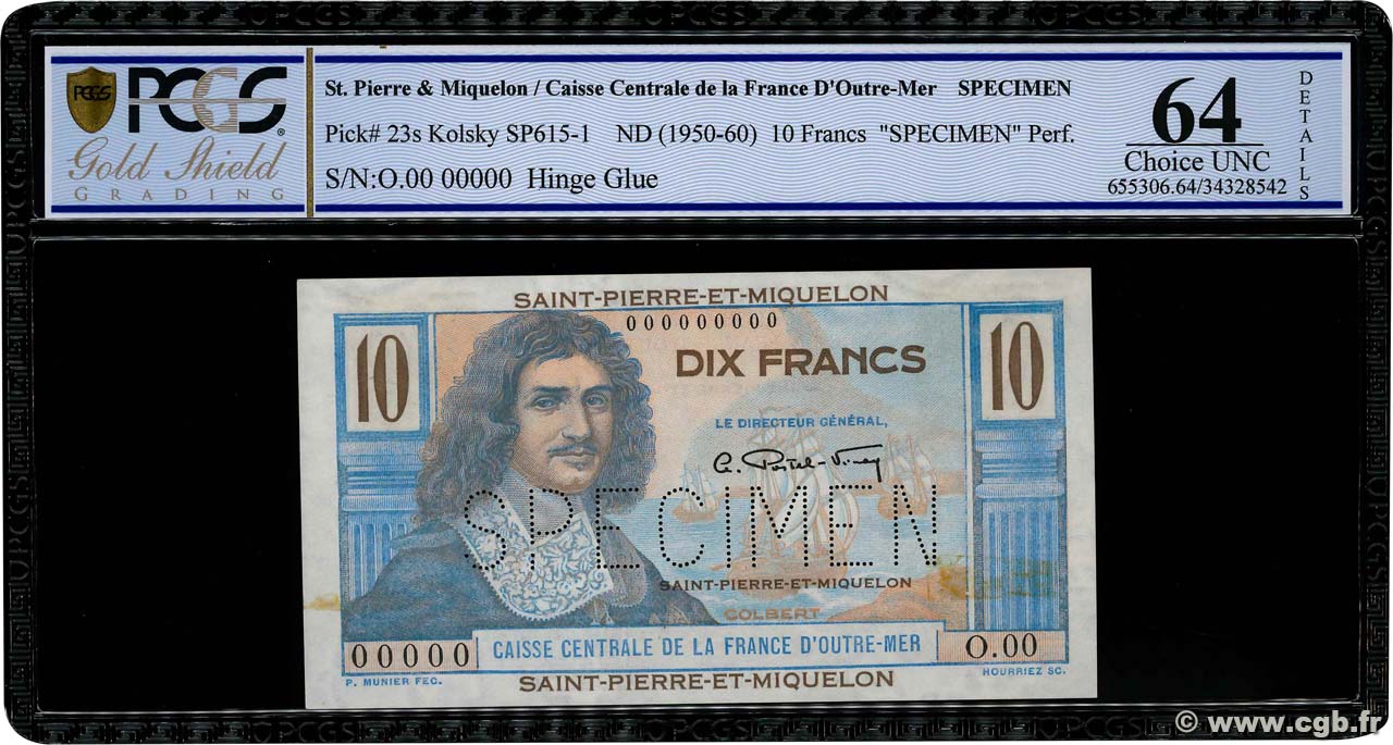 10 Francs Colbert Spécimen SAINT PIERRE E MIQUELON  1946 P.23s SPL