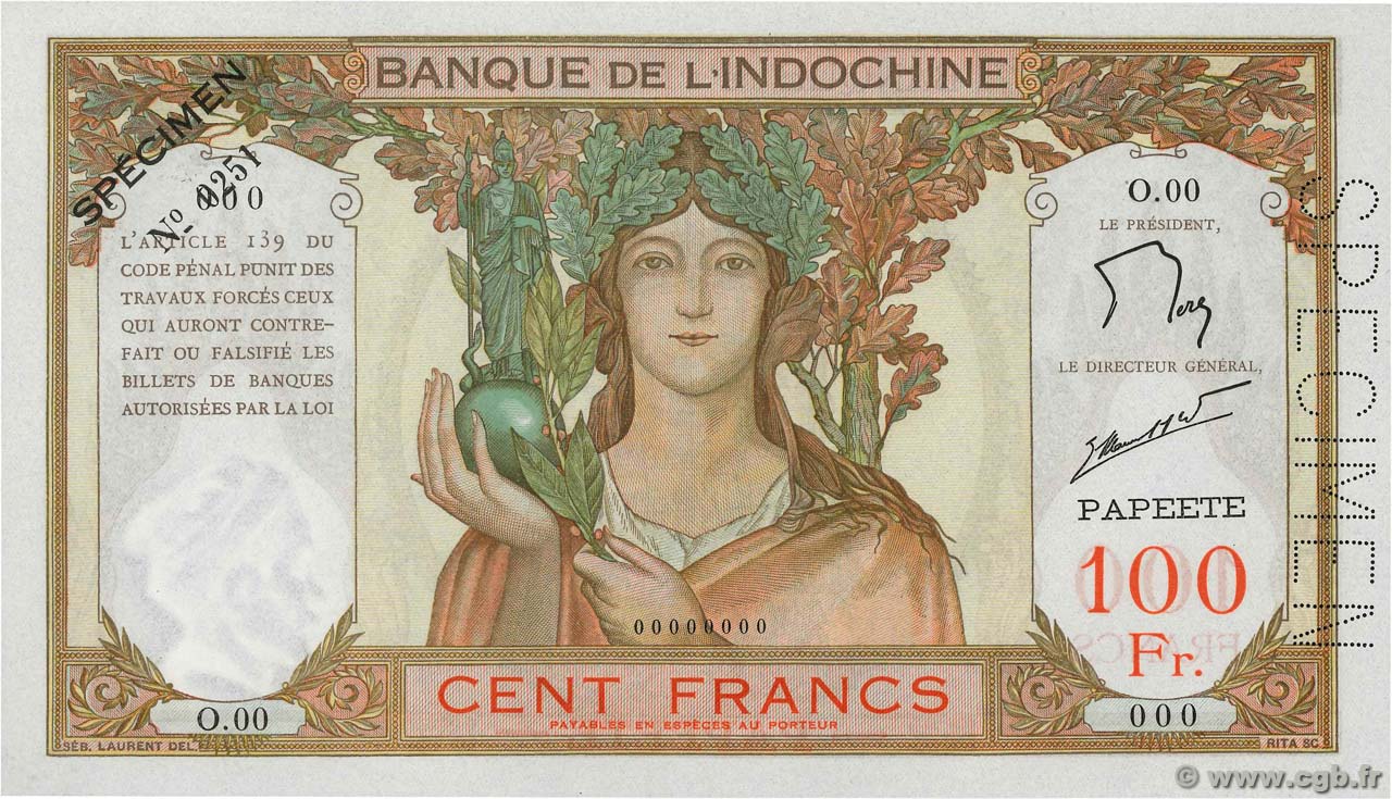 100 Francs Spécimen TAHITI  1961 P.14ds ST