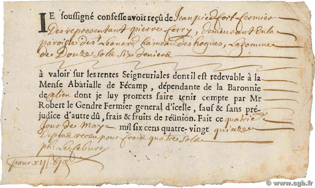 12 Sols 6 Deniers FRANCE regionalism and miscellaneous  1695 Doc. VF