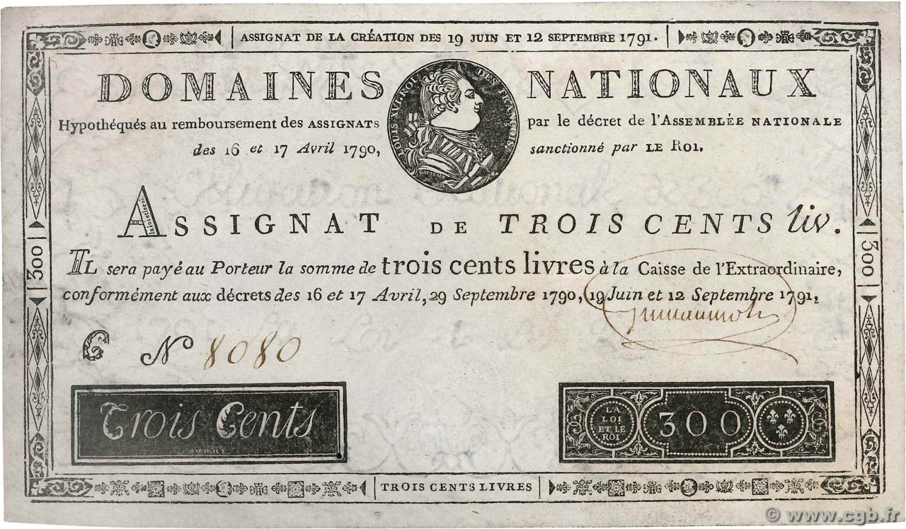 300 Livres Faux FRANCE  1791 Ass.18f XF+