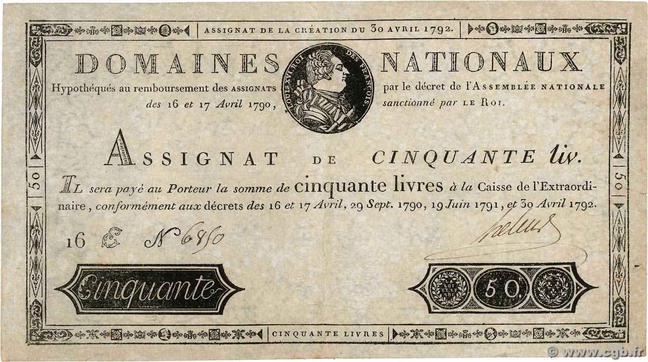 50 Livres FRANCE  1792 Ass.28a VF-