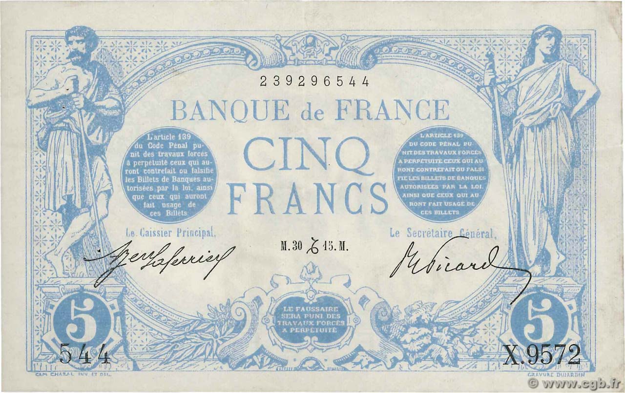 5 Francs BLEU FRANCIA  1915 F.02.34 MBC+