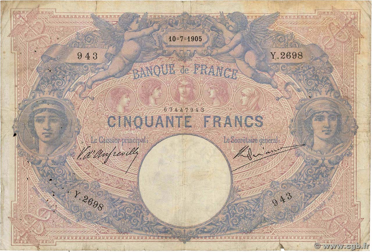 50 Francs BLEU ET ROSE FRANKREICH  1905 F.14.17 SGE