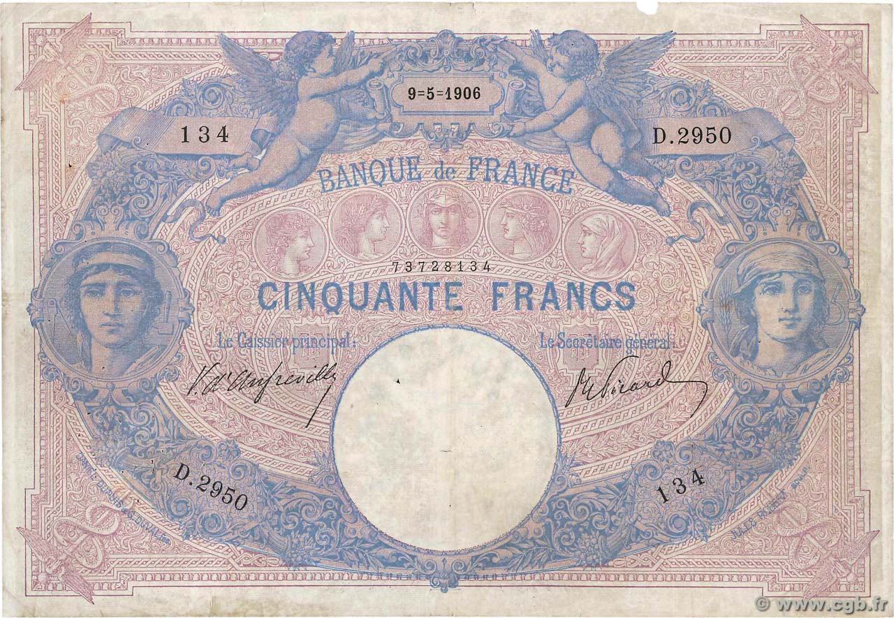 50 Francs BLEU ET ROSE FRANKREICH  1906 F.14.18 S