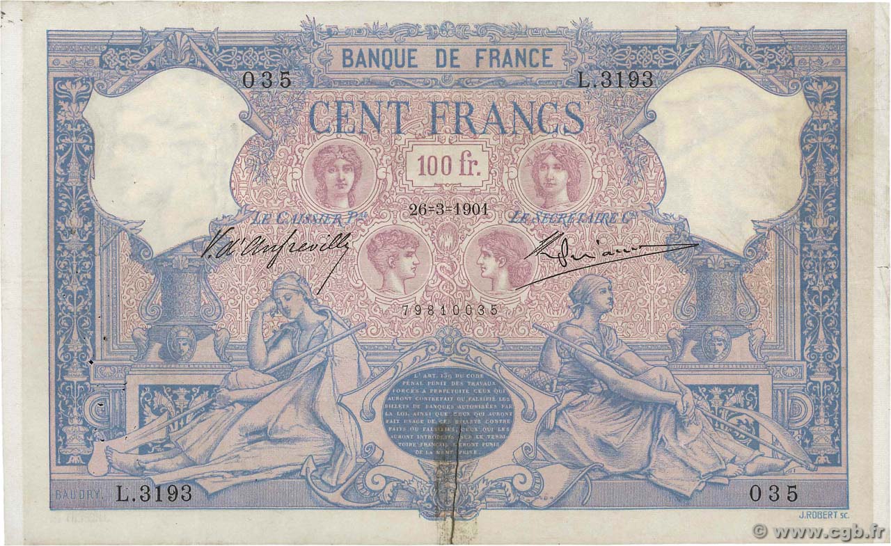 100 Francs BLEU ET ROSE FRANKREICH  1901 F.21.15 fSS