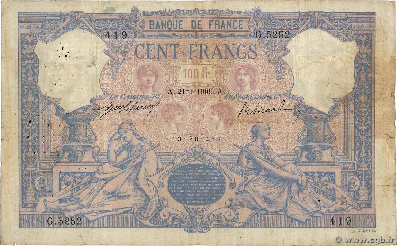 100 Francs BLEU ET ROSE FRANCIA  1909 F.21.24 B