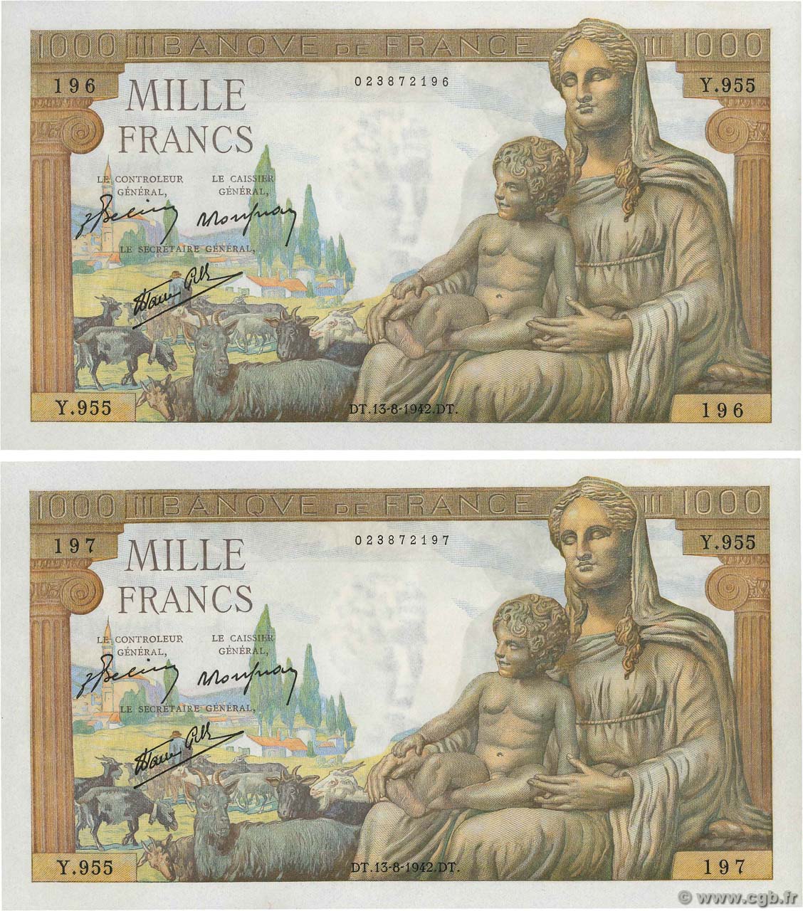 1000 Francs DÉESSE DÉMÉTER Consécutifs FRANKREICH  1942 F.40.04 ST