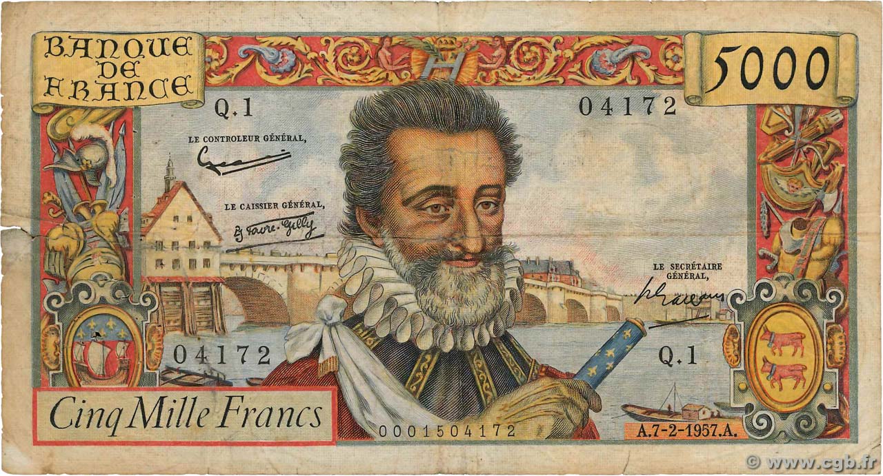 5000 Francs HENRI IV FRANCE  1957 F.49.01 B+