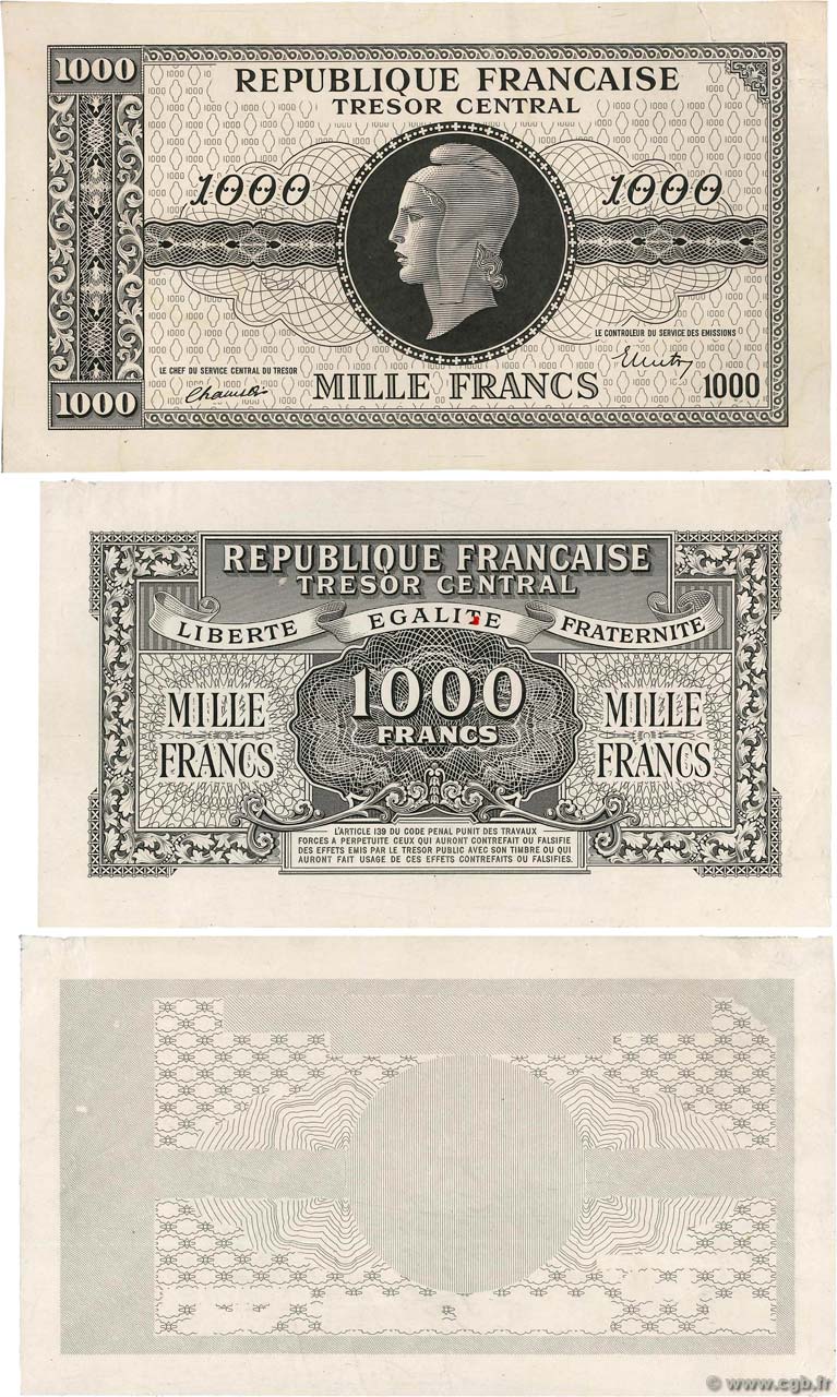 1000 Francs MARIANNE BANQUE D ANGLETERRE Épreuve FRANCIA  1945 VF.12.00Ec SPL