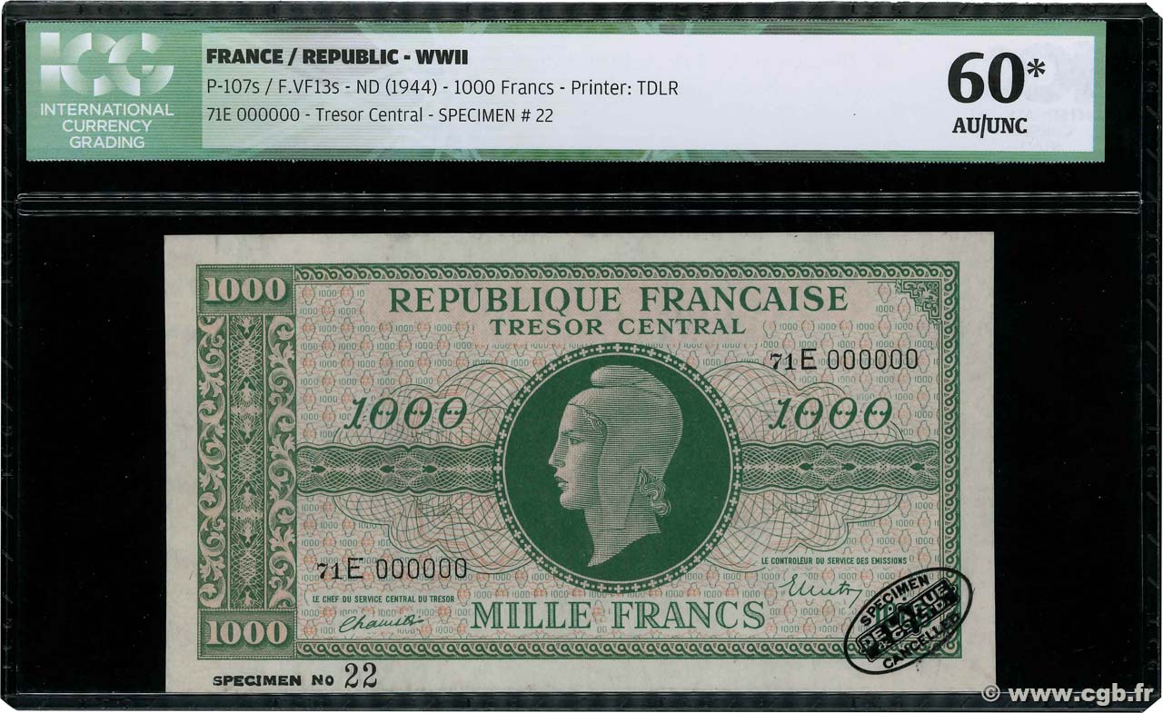 1000 Francs MARIANNE THOMAS DE LA RUE Spécimen FRANKREICH  1945 VF.13.02Ssn fST+