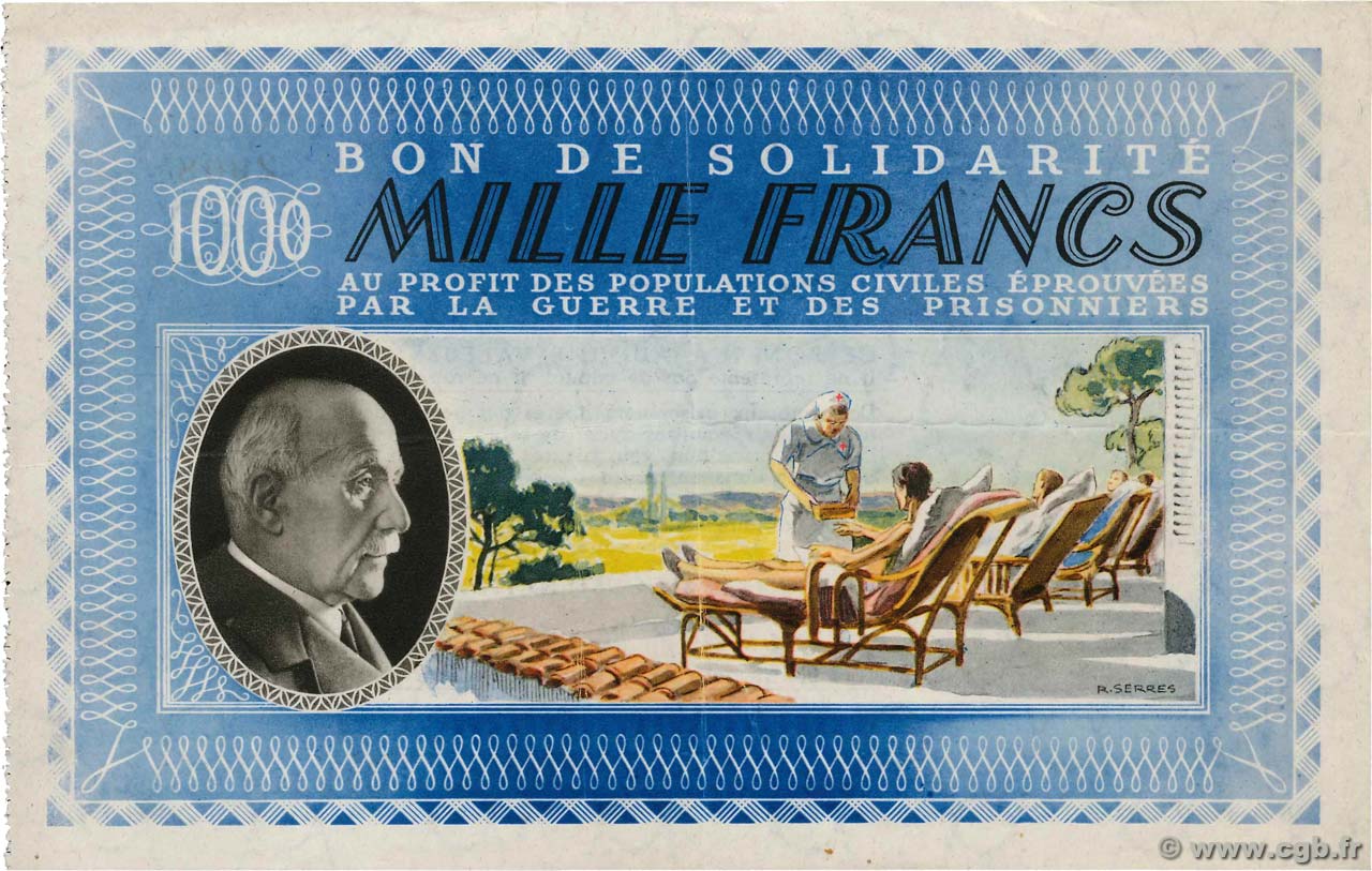 1000 Francs BON DE SOLIDARITE FRANCE Regionalismus und verschiedenen  1941 KL.12A3 SS