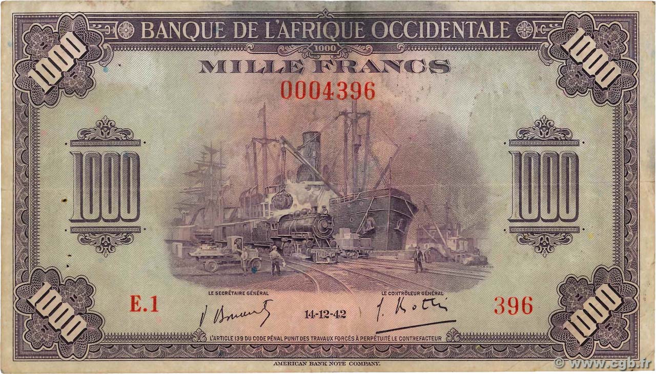 1000 Francs FRENCH WEST AFRICA  1942 P.32a F
