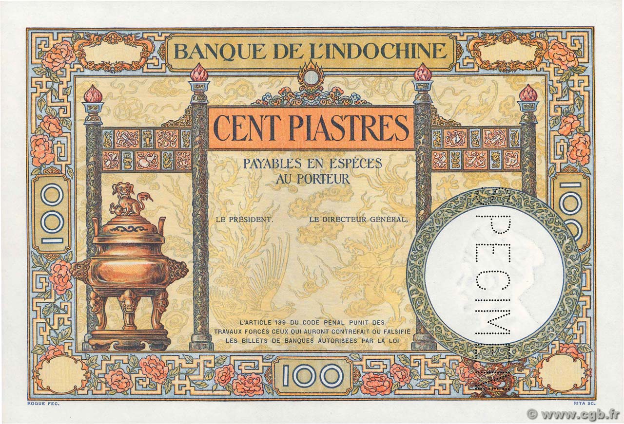 100 Piastres Épreuve INDOCINA FRANCESE  1927 P.051s FDC