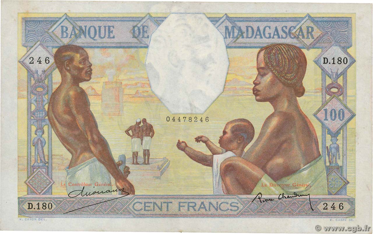 100 Francs MADAGASCAR  1937 P.040 SPL