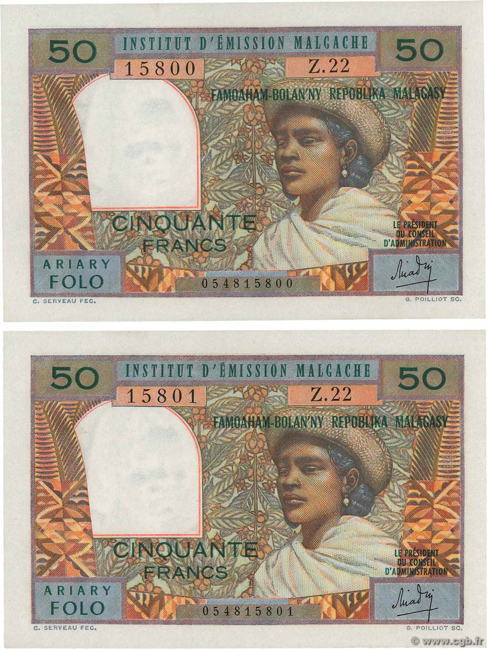 50 Francs - 10 Ariary Consécutifs MADAGASKAR  1969 P.061 ST