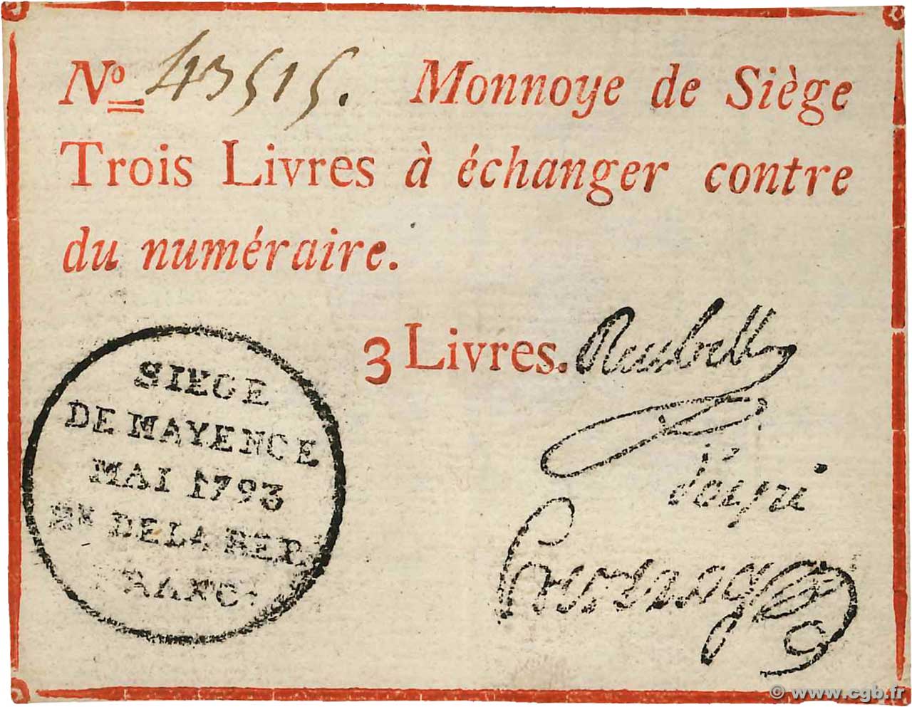 3 Livres FRANCE regionalism and miscellaneous Mayence 1793 Kol.029 XF-