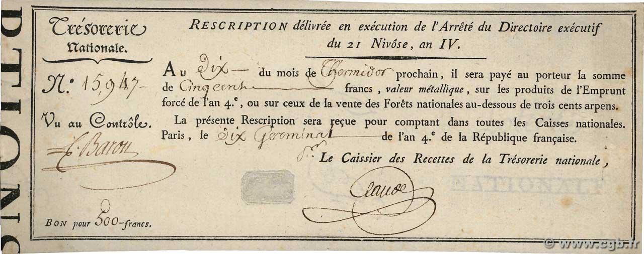 500 Francs FRANCE  1796 Ass.57a XF