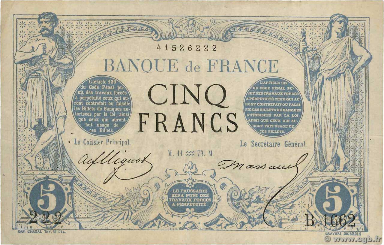 5 Francs NOIR FRANCE  1873 F.01.14 F