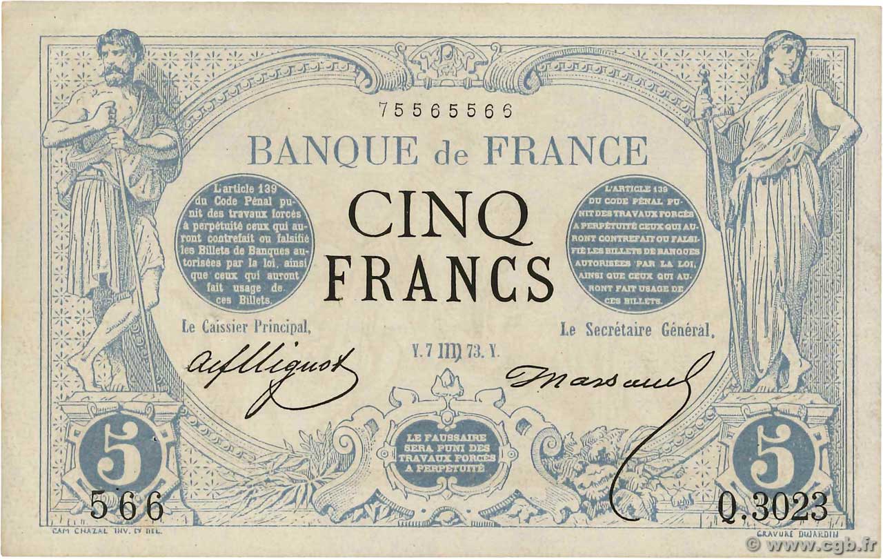 5 Francs NOIR FRANCIA  1873 F.01.21 SPL+