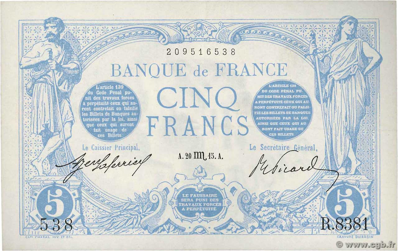 5 Francs BLEU FRANCE  1915 F.02.32 XF+
