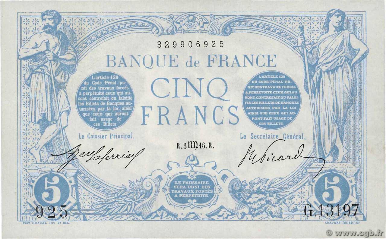 5 Francs BLEU FRANKREICH  1916 F.02.42 fST
