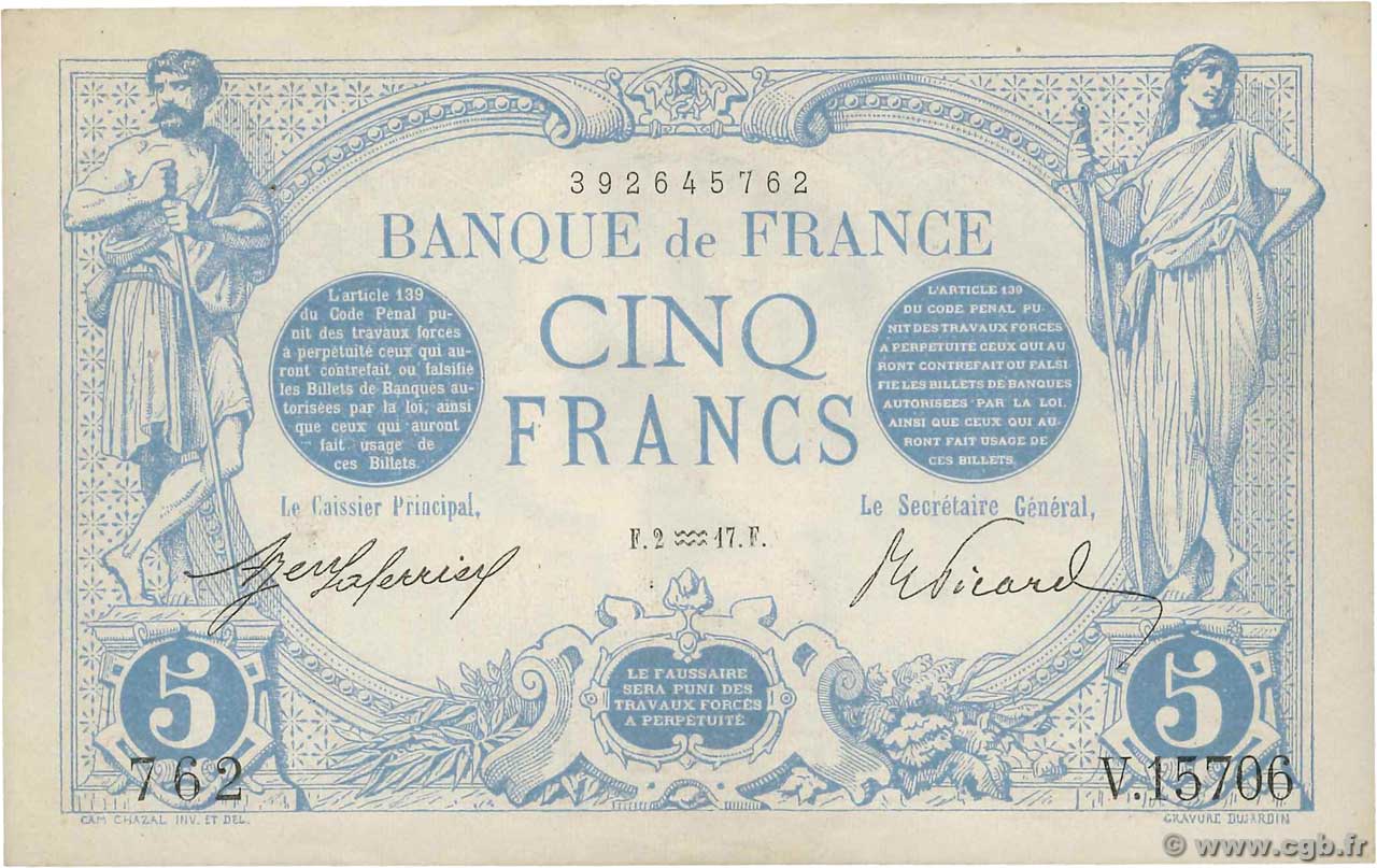 5 Francs BLEU FRANKREICH  1917 F.02.47 fVZ