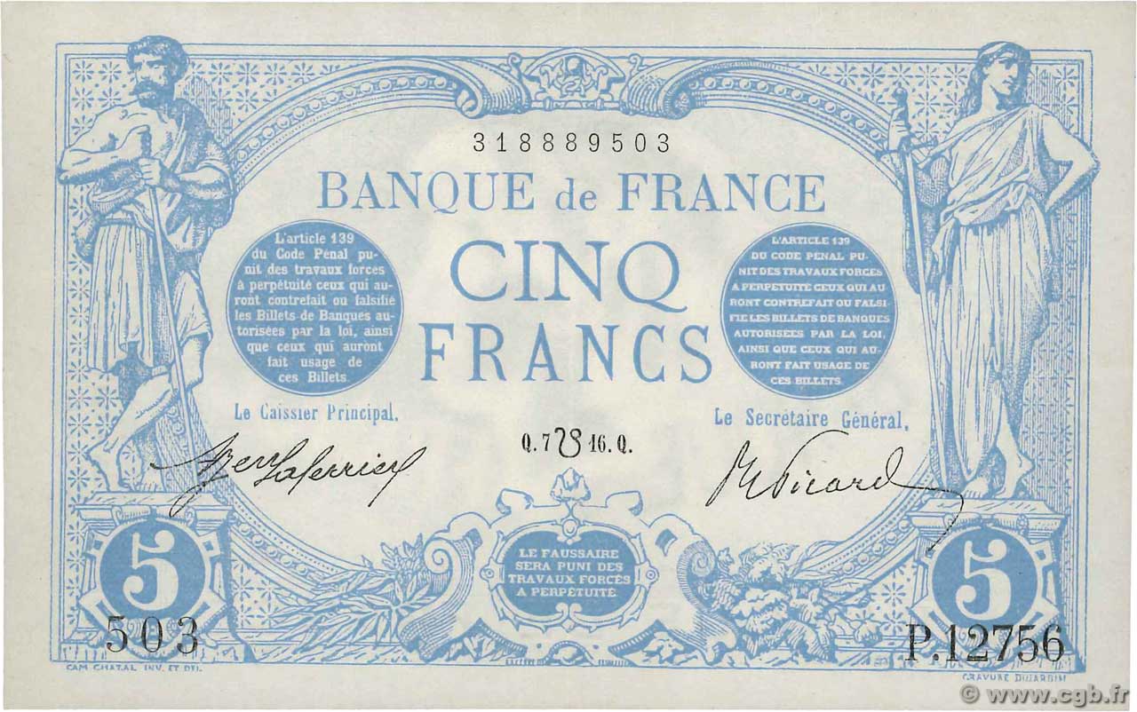 5 Francs BLEU lion inversé FRANCIA  1916 F.02bis.04 SPL+