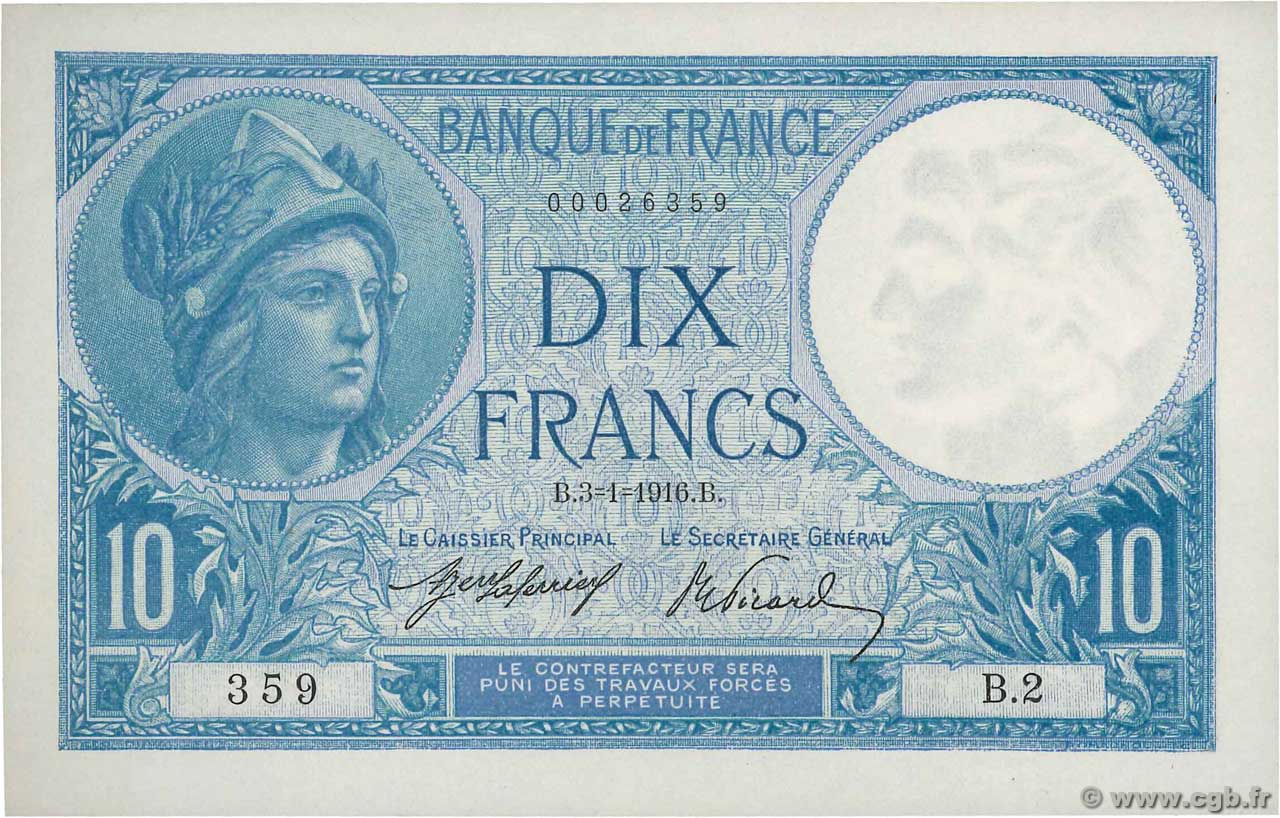 10 Francs MINERVE Petit numéro FRANCIA  1916 F.06.01 q.FDC
