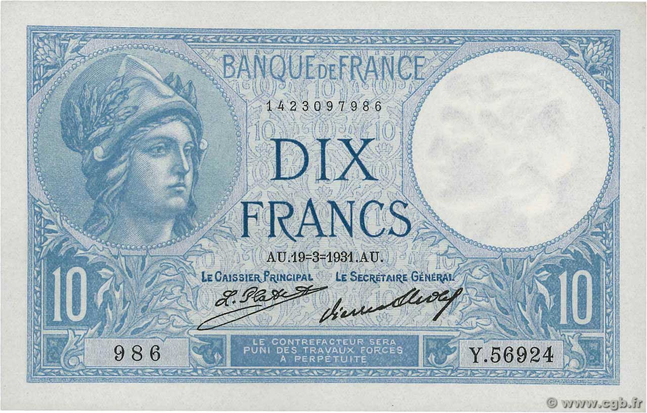 10 Francs MINERVE FRANCE  1931 F.06.15 UNC