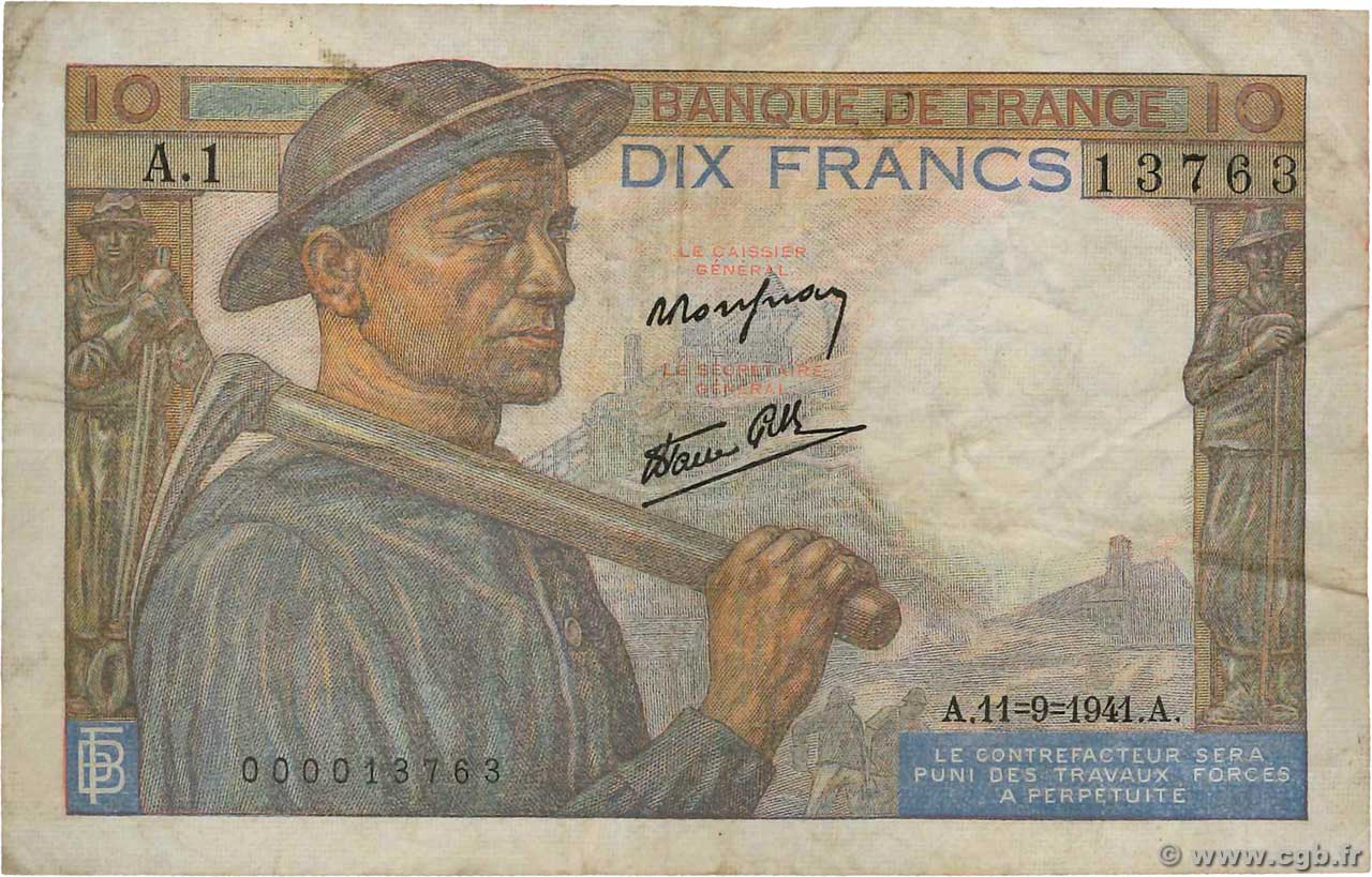 10 Francs MINEUR Petit numéro FRANKREICH  1941 F.08.01A1 fSS